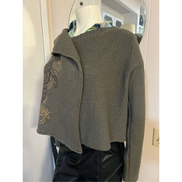 Olive Green Chunky Knit Hand Painted Open Front Cardigan Made in France generous - Picture 3 of 6